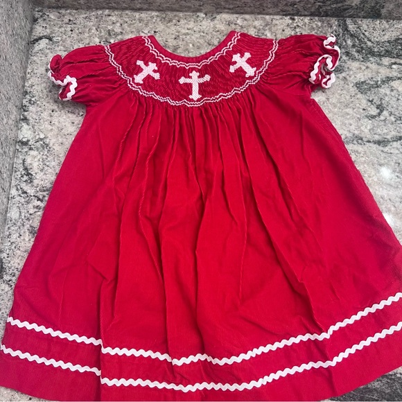 Red Smocked Kids Casual Dress - Picture 1 of 4